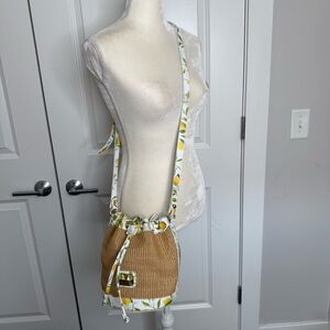 Valentina Raffia Lemon Print Italian Leather Trim Bucket Crossbody bag